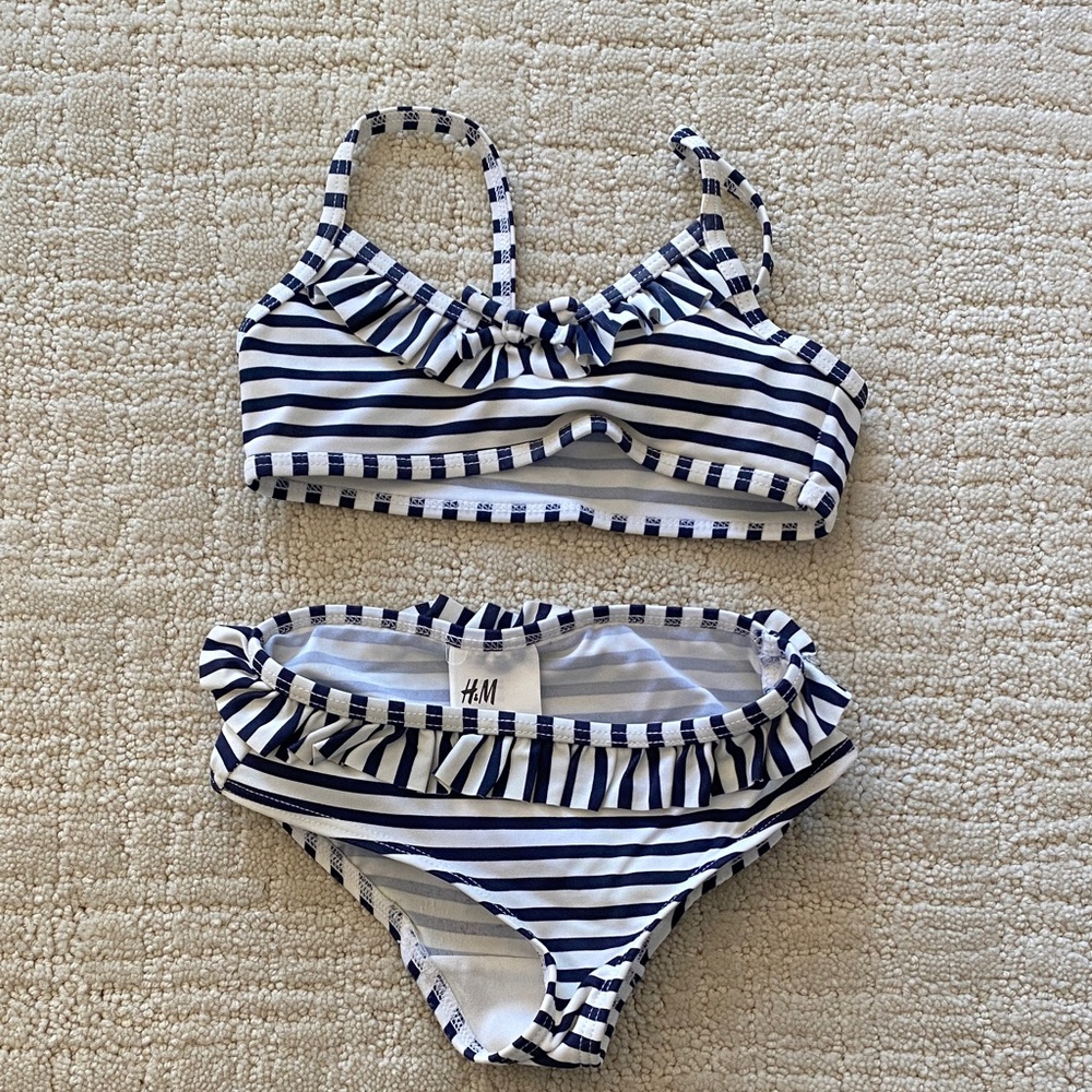 H&M Girls Navy & White Striped Ruffle Two-Piece Bikini
